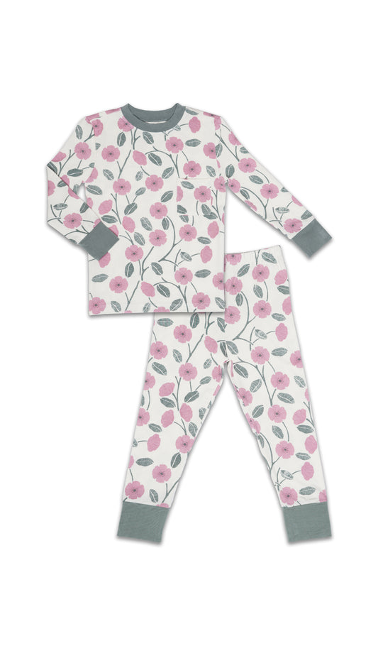 Honey Bloom Emerson Kids 2-Piece Pant PJ. Long sleeve top with cuff trim and long pant with cuff trim.