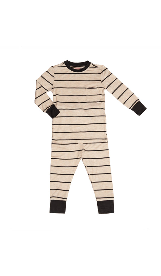 Sand Stripe Emerson Baby 2-Piece Pant PJ. Flat shot of long sleeve tee and long pant.