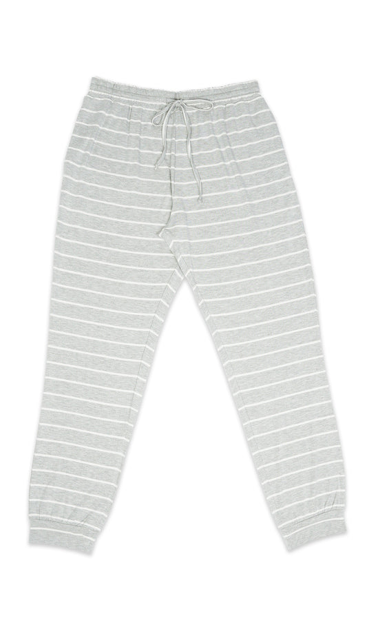 Heather Grey Stripe Oliver Mens pants with elastic drawstring waist and cuff hem.