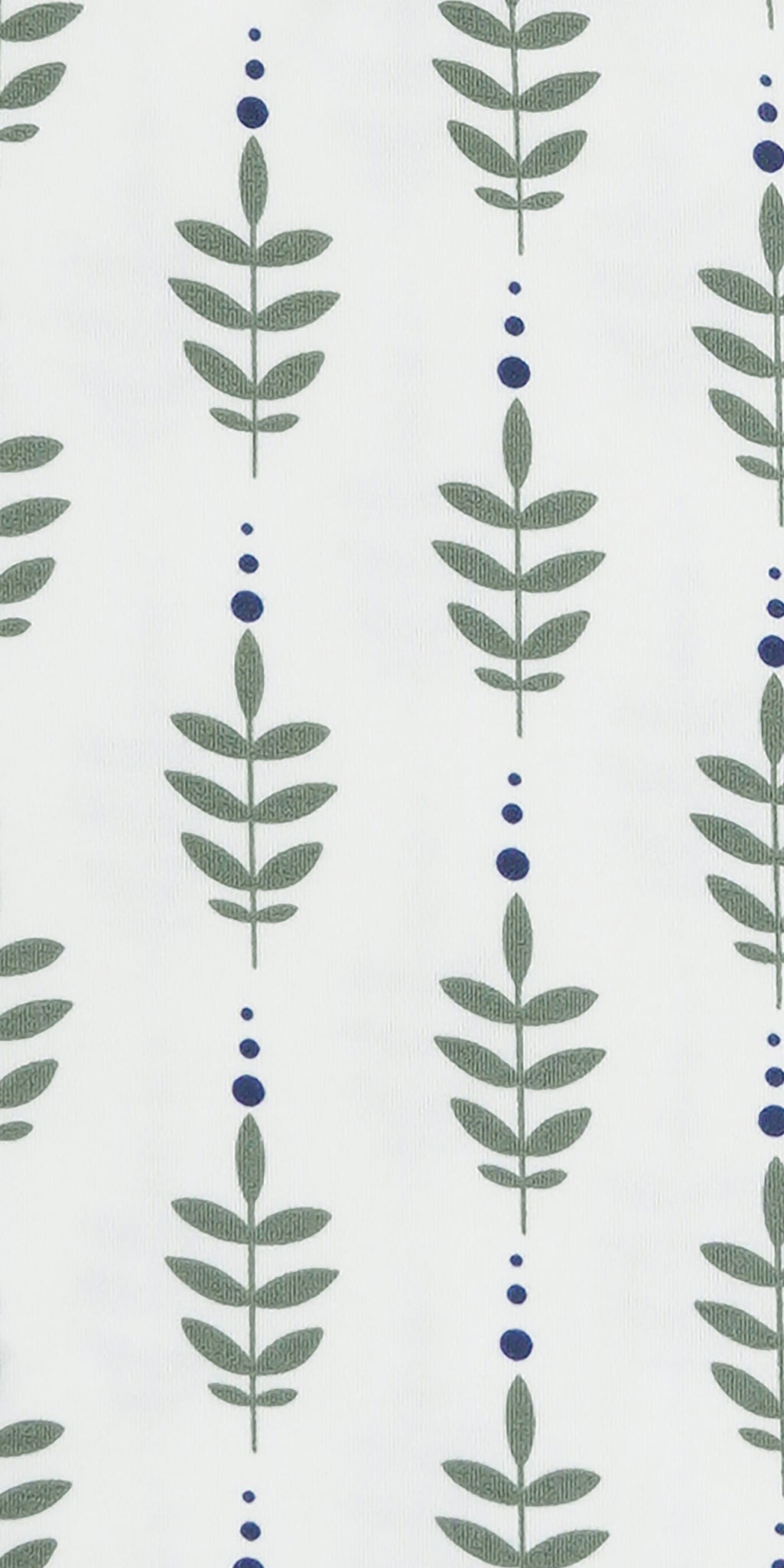 Eucalyptus Emerson Kids 2-Piece Pant PJ. Close up of Eucalytpus swatch that is a pattern of green leaves and blue dots lined up.