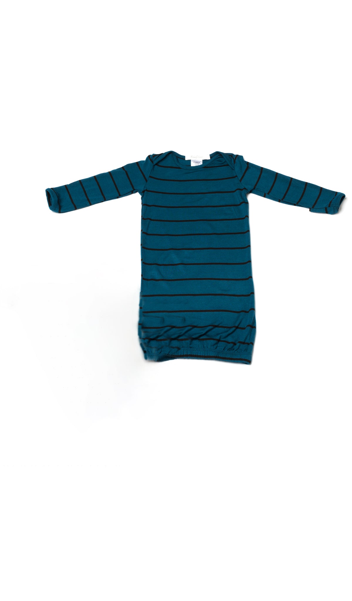 Baby Gown Teal Stripe flat shot of baby gown with long sleeves and lap tee neckline.