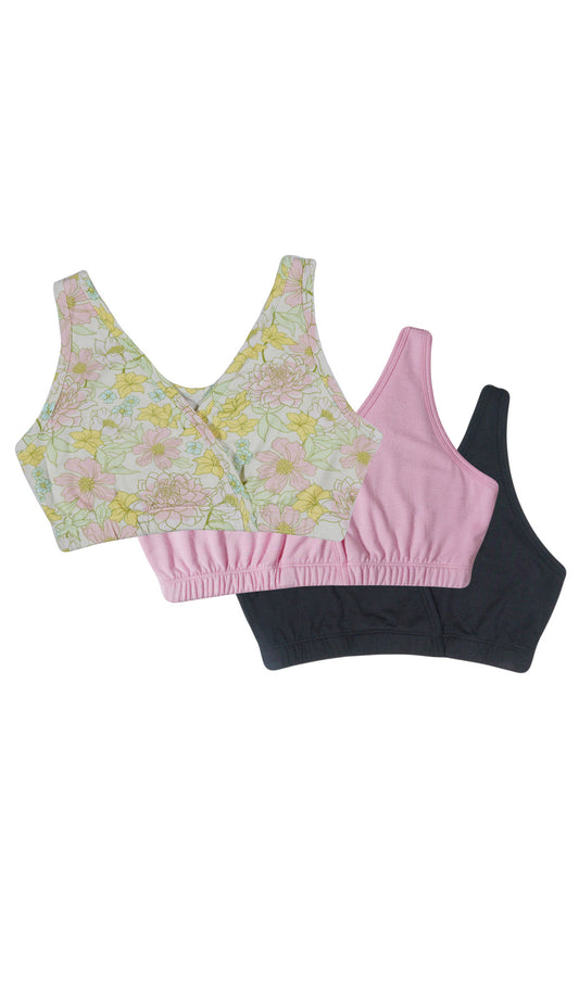 Begonia Paisley 3-Pack flat shot of Begonia bra, Blush bra, and Black bra.