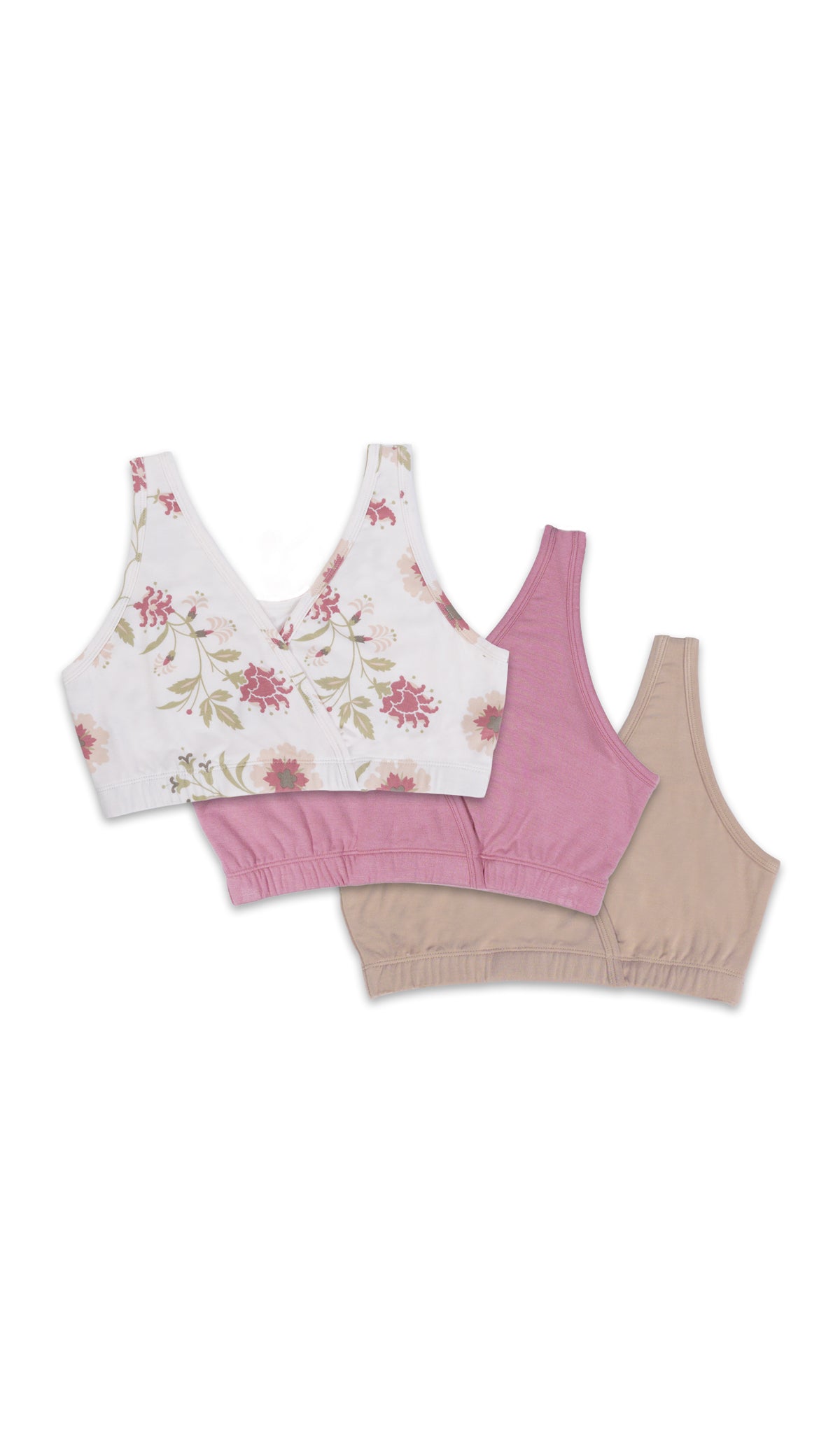 Cottage Floral Paisley 3-Pack flat shot of Cottage Floral bra, Rose bra, and Latte bra in a diagonal stack.