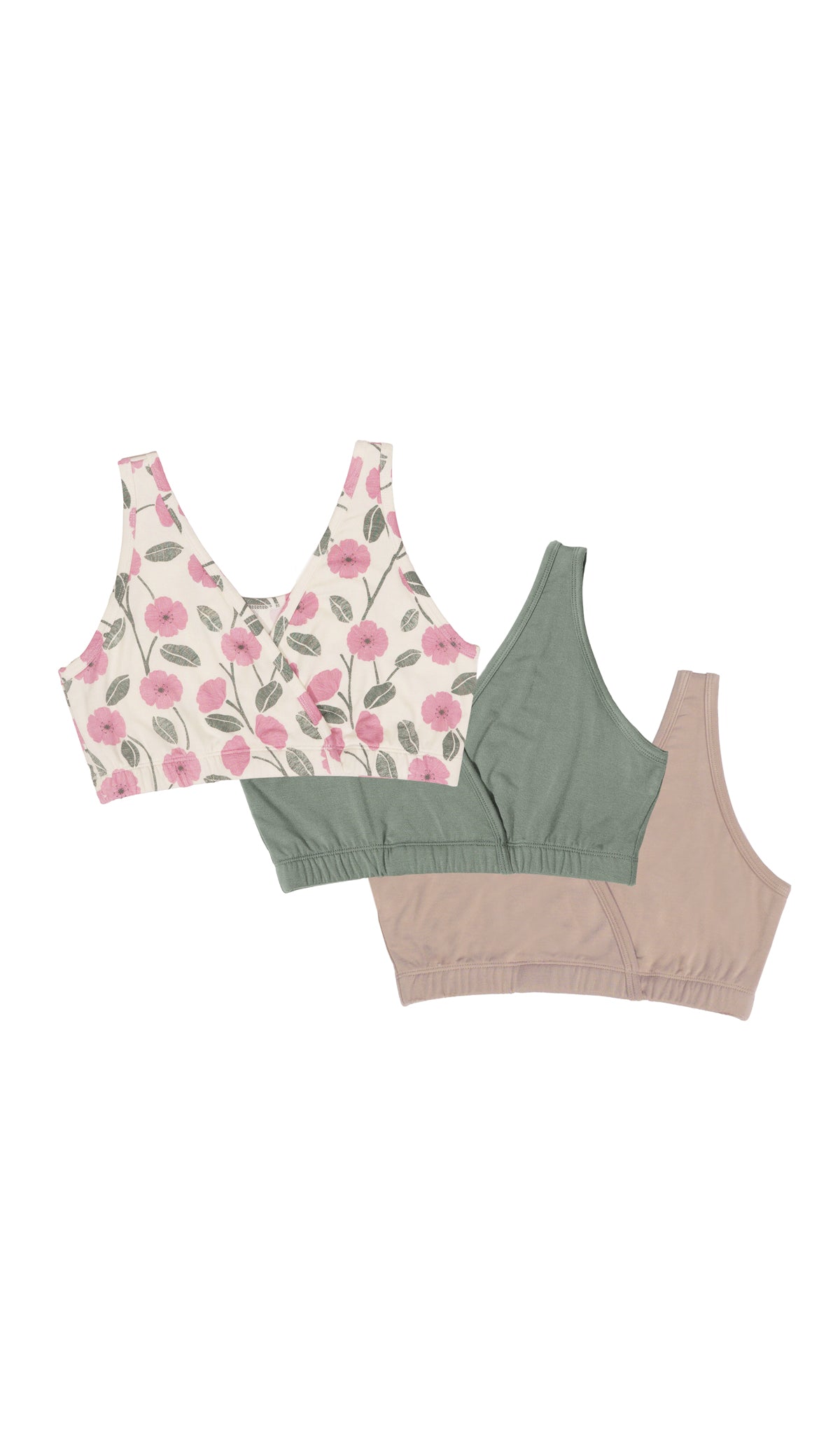Honey Bloom Paisley 3-Pack flat shot of Honey Bloom bra, Basil Solid bra, and Black Solid bra.