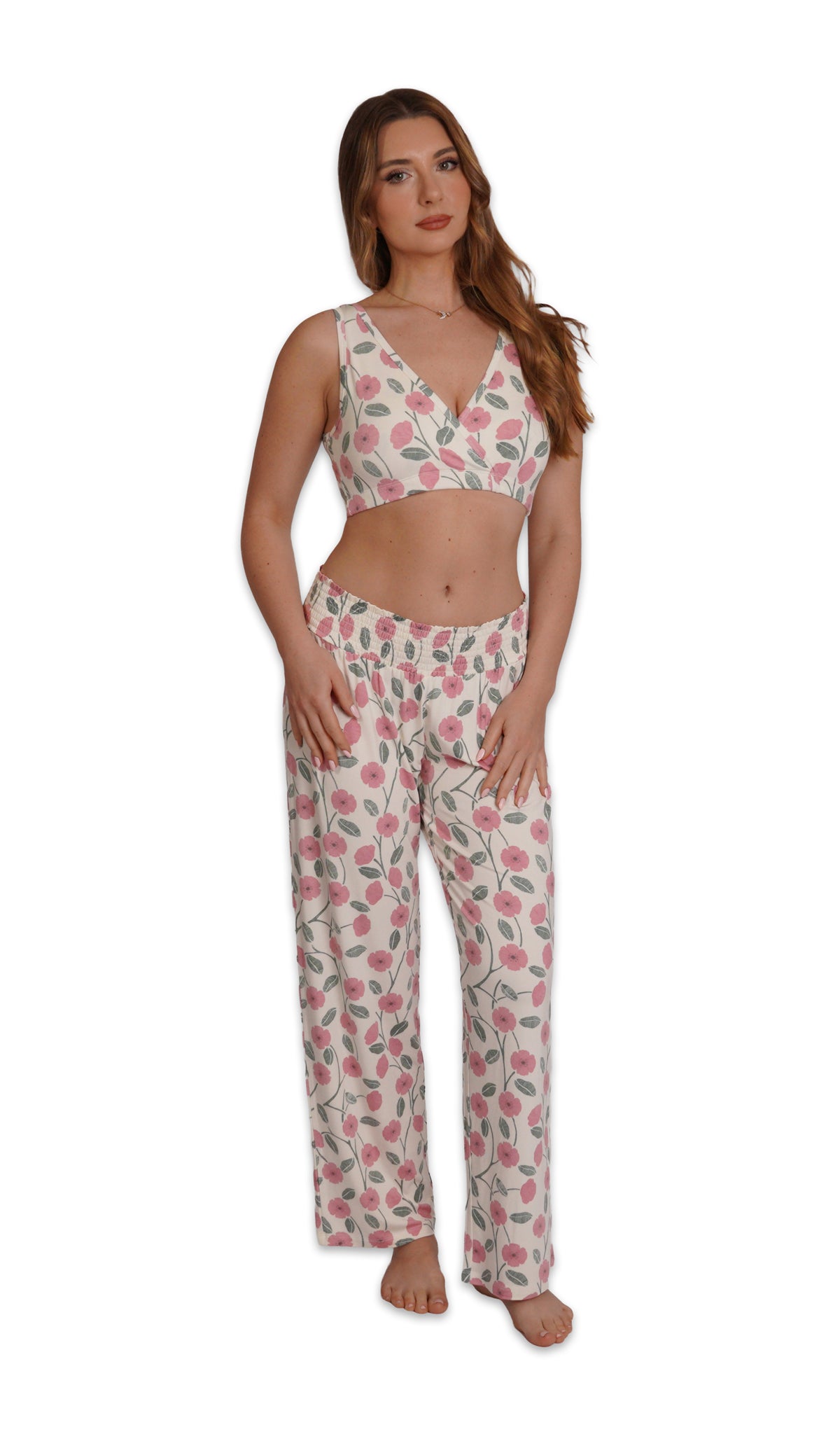 Honey Bloom Paisley 3-Pack. Detail shot of woman wearing Honey Bloom print bra and matching pant.