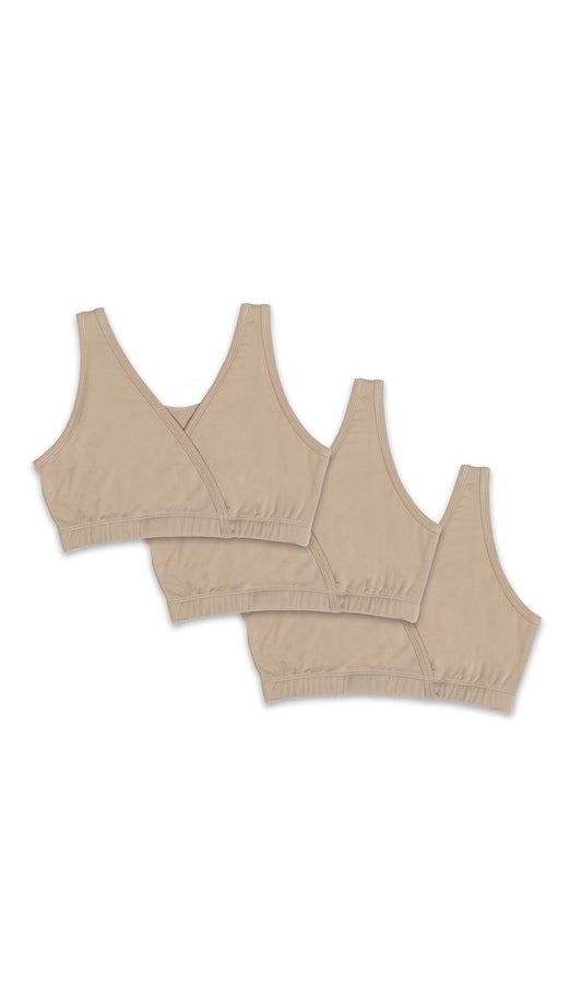 Latte Paisley 3-Pack flat shot of 3 solid colored Latte bras in a diagonal stack.