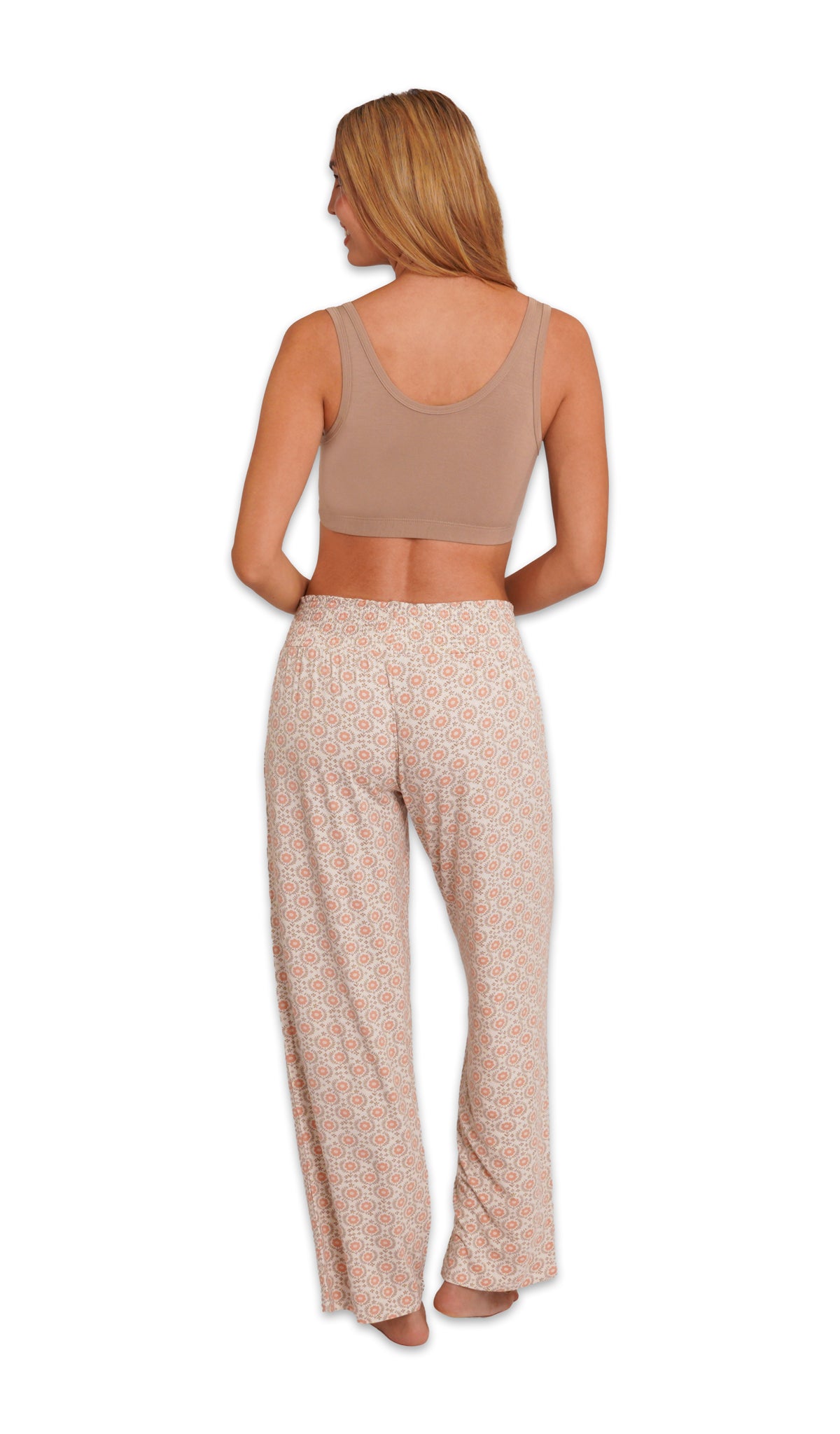 Latte Paisley 3-Pack. Detail back shot of woman wearing Latte solid bra and Bohemian print pant.