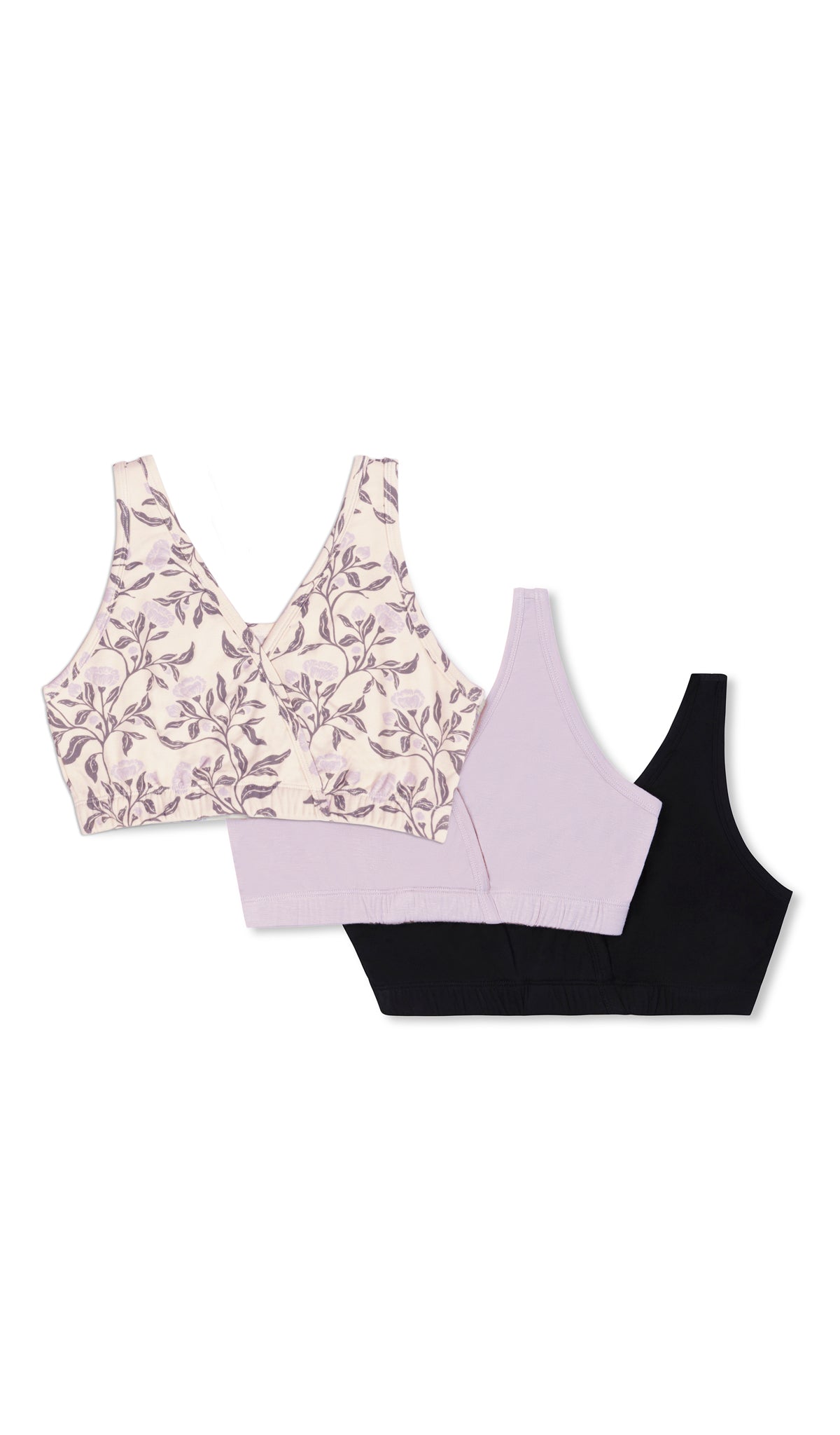 Poppy Paisley 3-Pack flat shot of Poppy bra, Lavender solid bra, and Black solid bra.