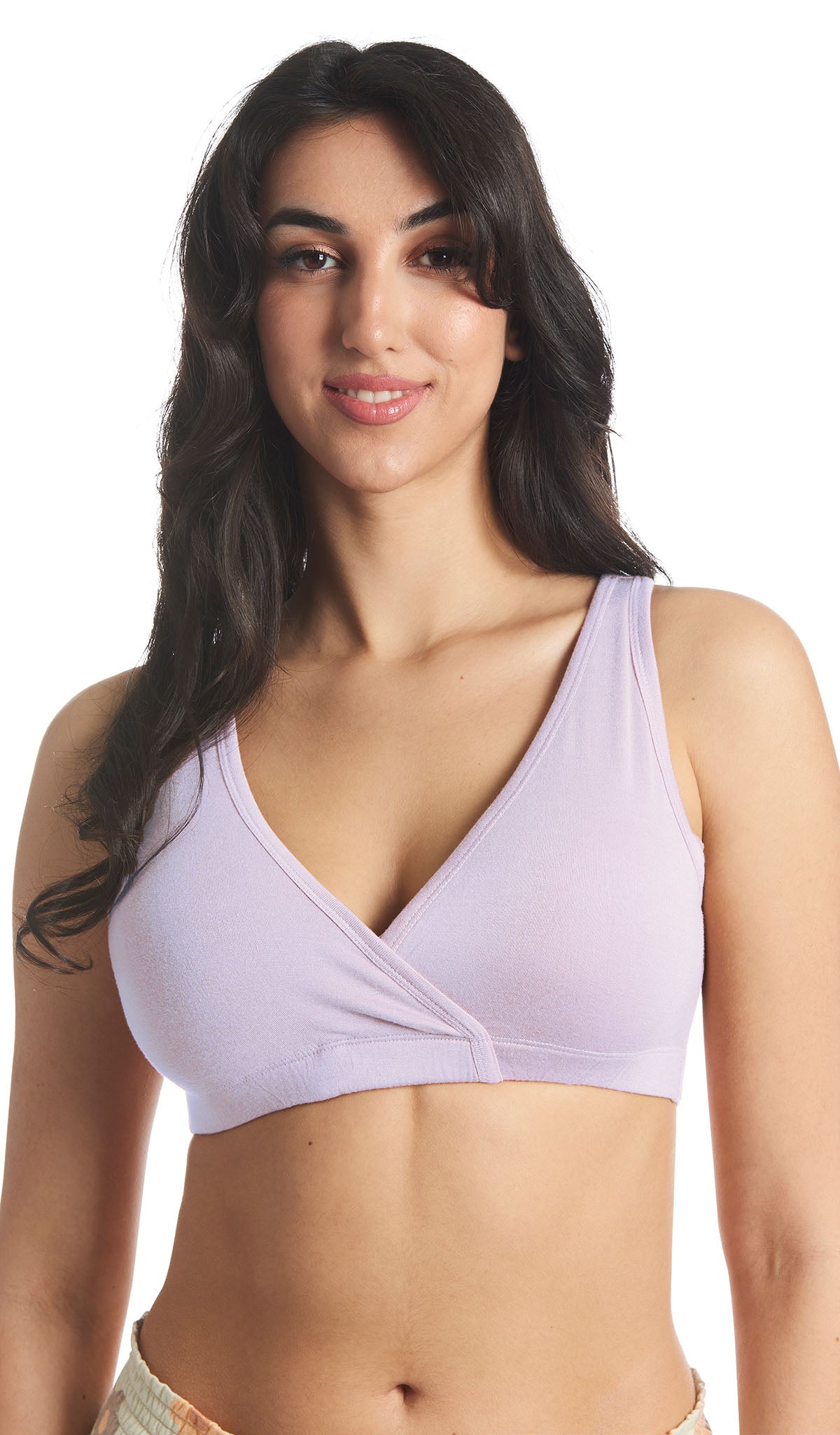 Poppy Paisley 3-Pack. Detail shot of woman wearing solid lavender nursing bra.