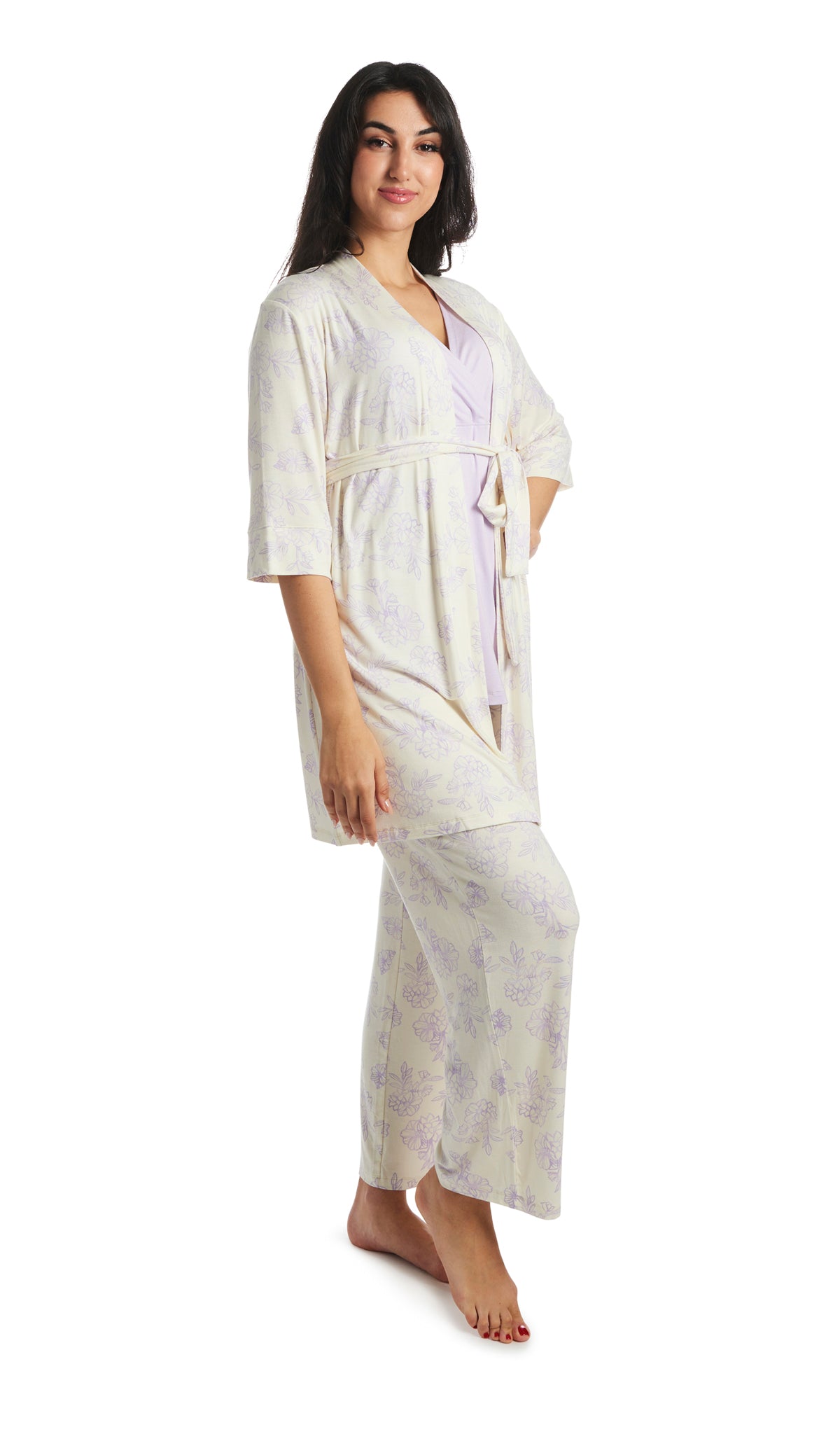 Bali Analise 3-Piece Set. Woman with hand on hip,  wearing 3/4 sleeve robe, tank top and pant.