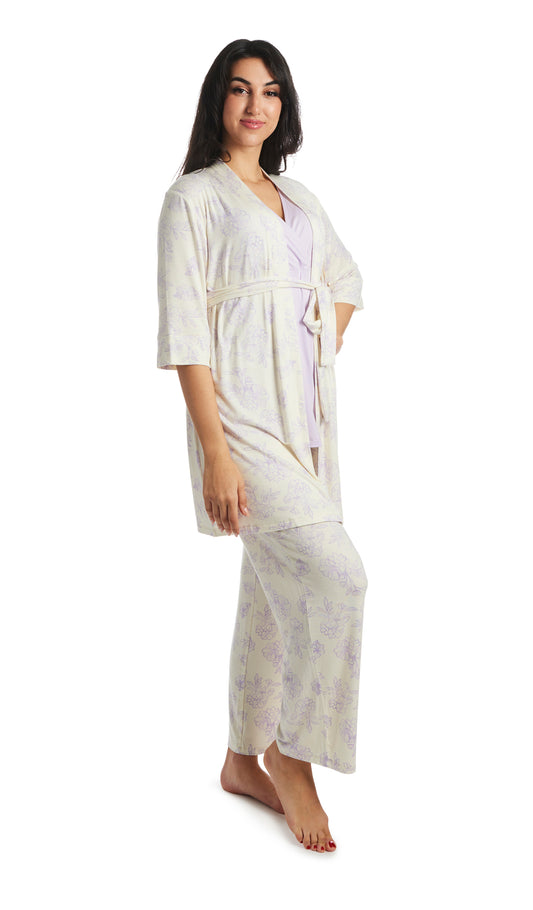 Bali Analise 3-Piece Set. Woman with hand on hip,  wearing 3/4 sleeve robe, tank top and pant.