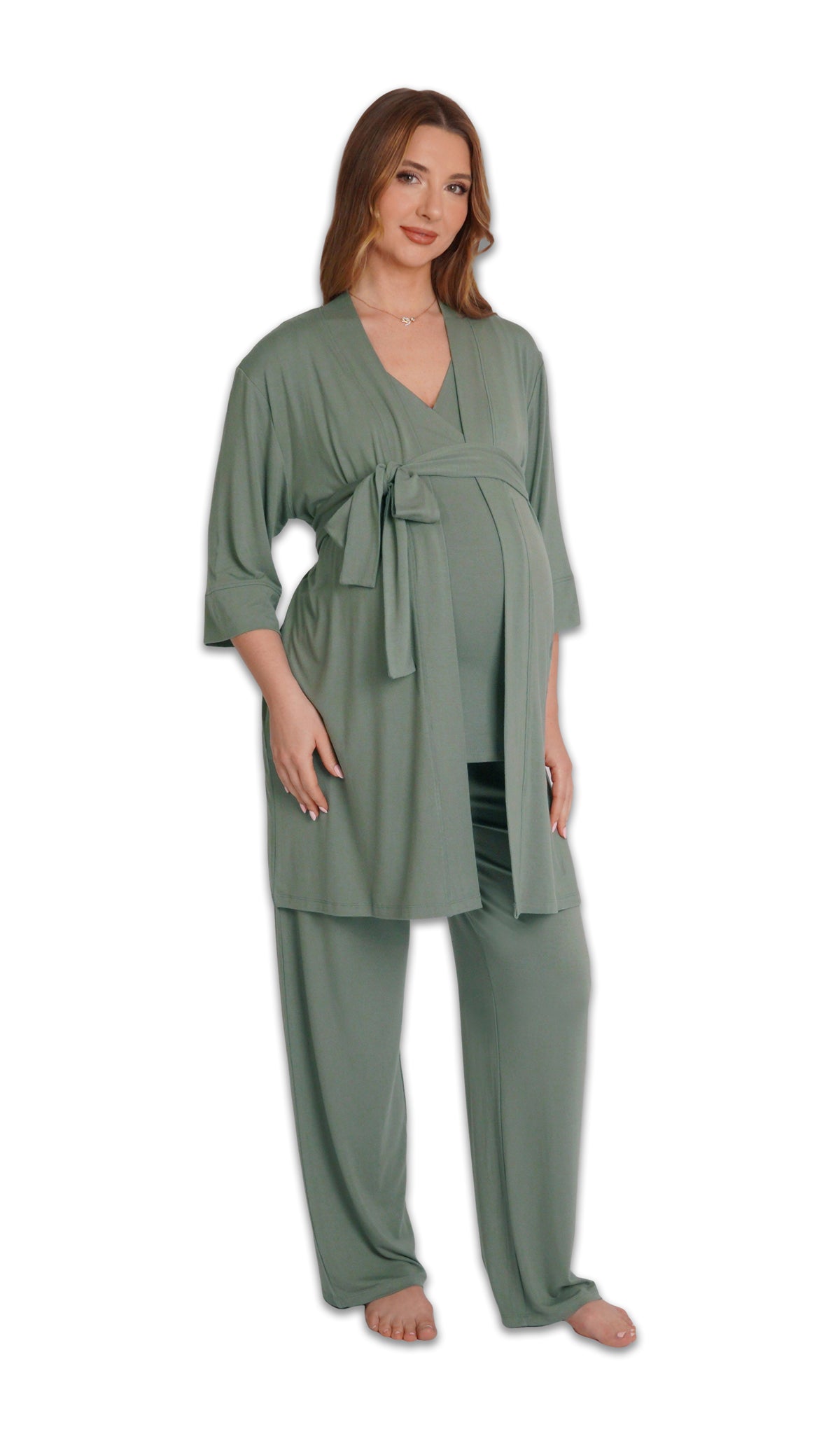 Basil Analise 3-Piece Set. Pregnant woman wearing 3/4 sleeve robe, tank top and pant with hands down to side.