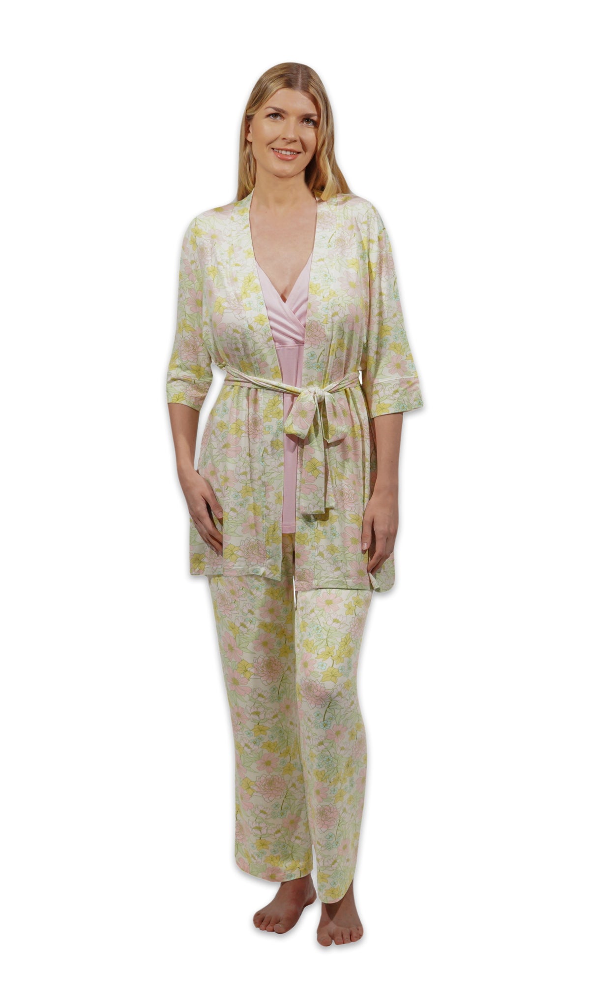 Begonia Analise 3-Piece Set. Woman wearing 3/4 sleeve robe, tank top and pant with both arms down to sides.