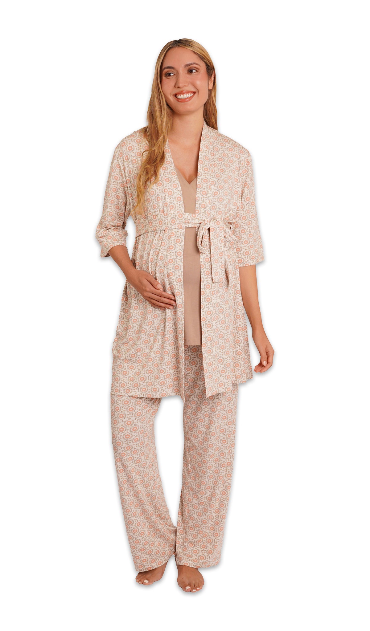 Bohemian Analise 3-Piece Set. Pregnant woman wearing 3/4 sleeve robe, tank top and pant with one hand under belly.