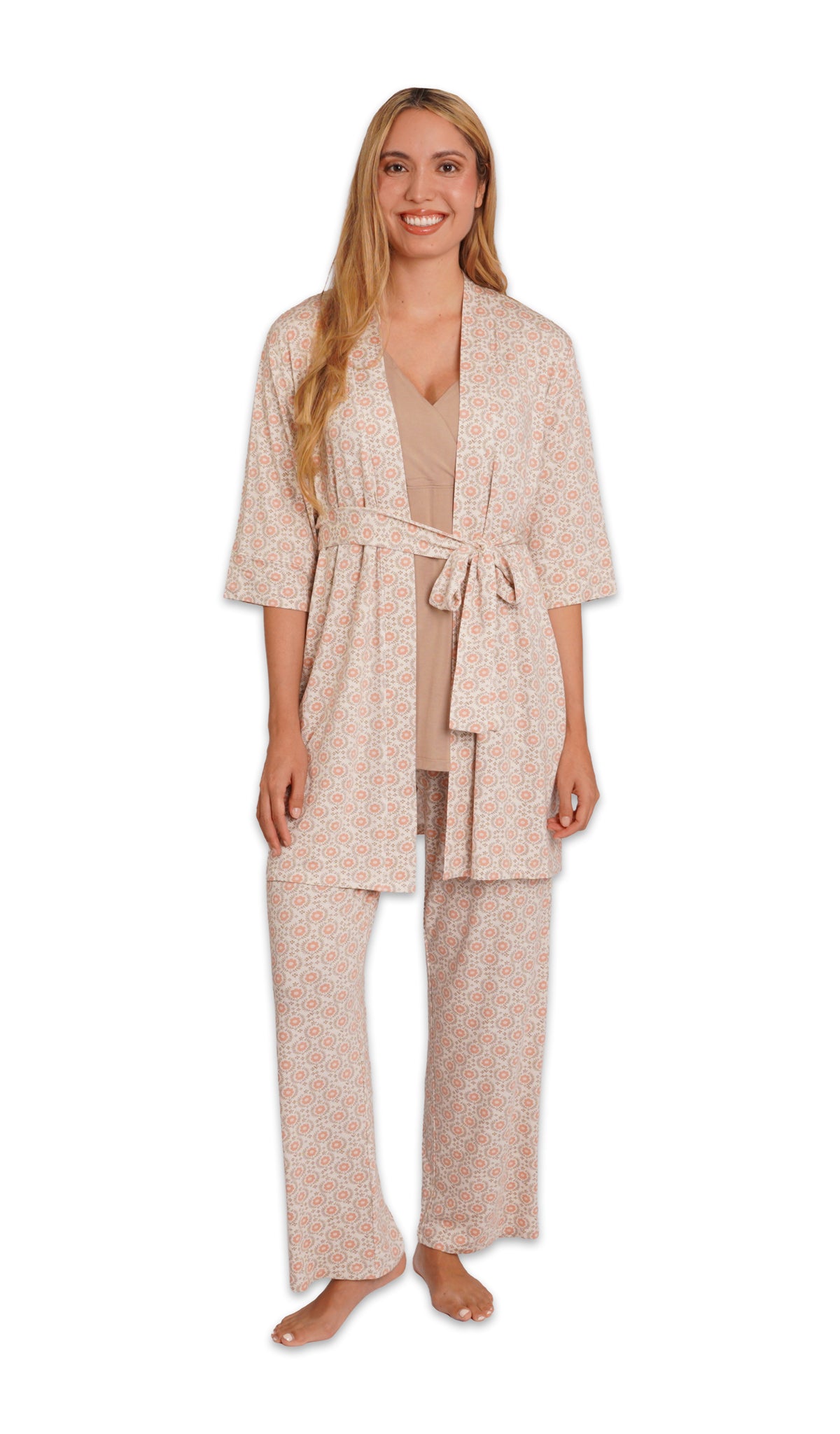 Bohemian Analise 3-Piece Set. Woman wearing 3/4 sleeve robe, tank top and pant.