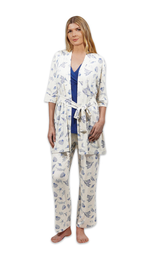 Coastal Analise 3-Piece Set. Woman wearing 3/4 sleeve robe, tank top and pant with both arms down to sides.