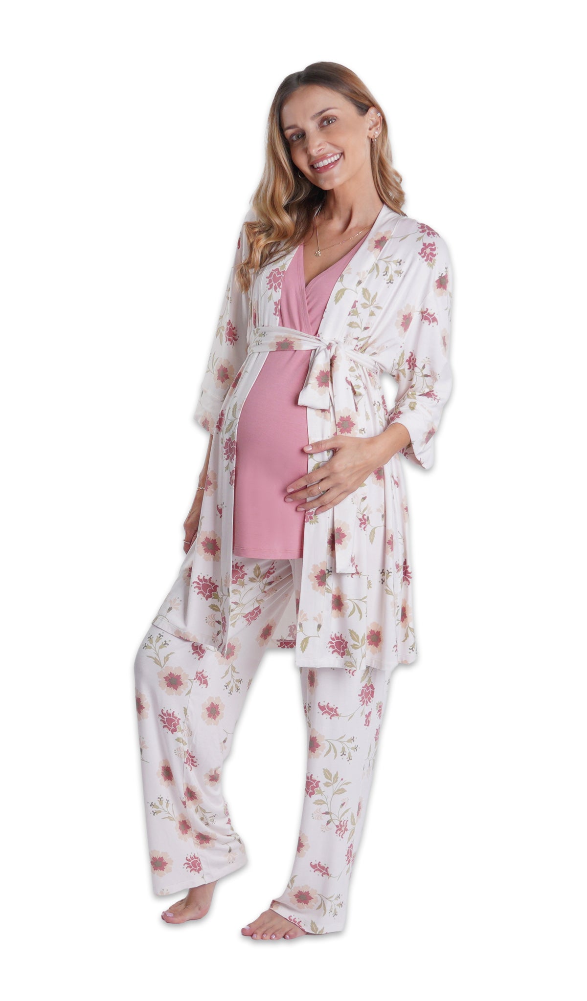 Cottage Floral Analise 3-Piece Set. Pregnant woman wearing 3/4 sleeve robe, tank top and pant with one hand under belly.