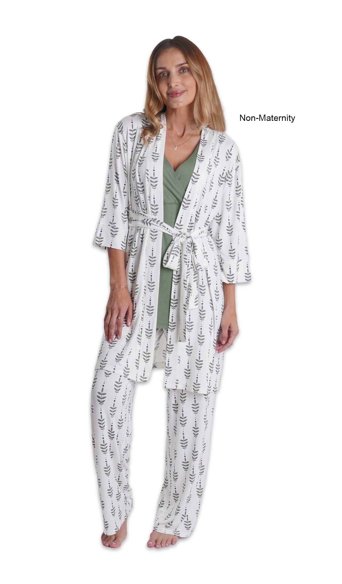 Eucalyptus Analise 3-Piece Set. Woman wearing 3/4 sleeve robe, tank top and pant as non-maternity with non-maternity text to right.