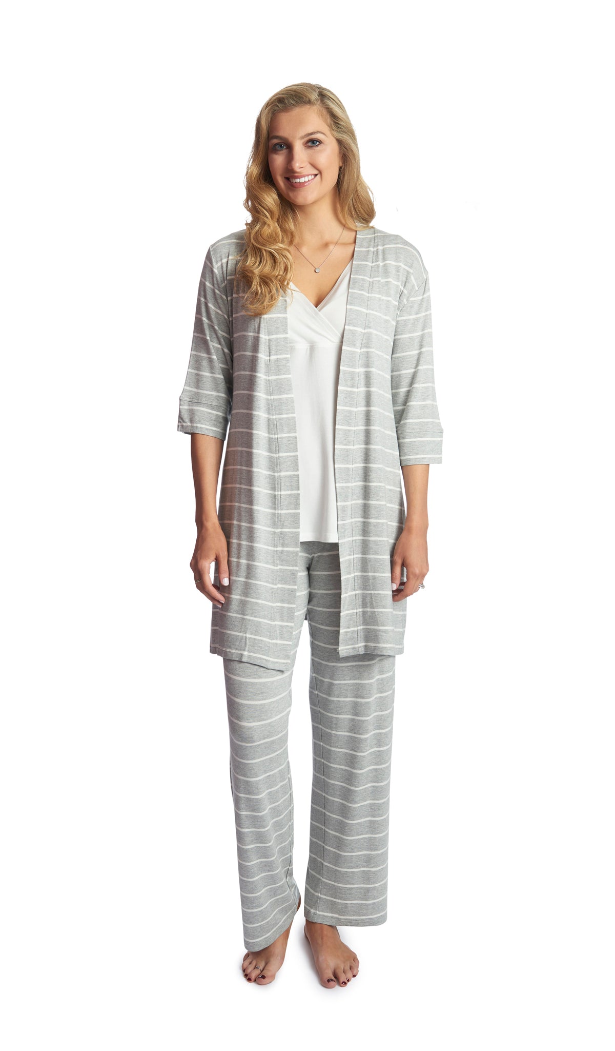 Heather Grey Analise 3-Piece Set. Woman wearing 3/4 sleeve robe, tank top and pant.