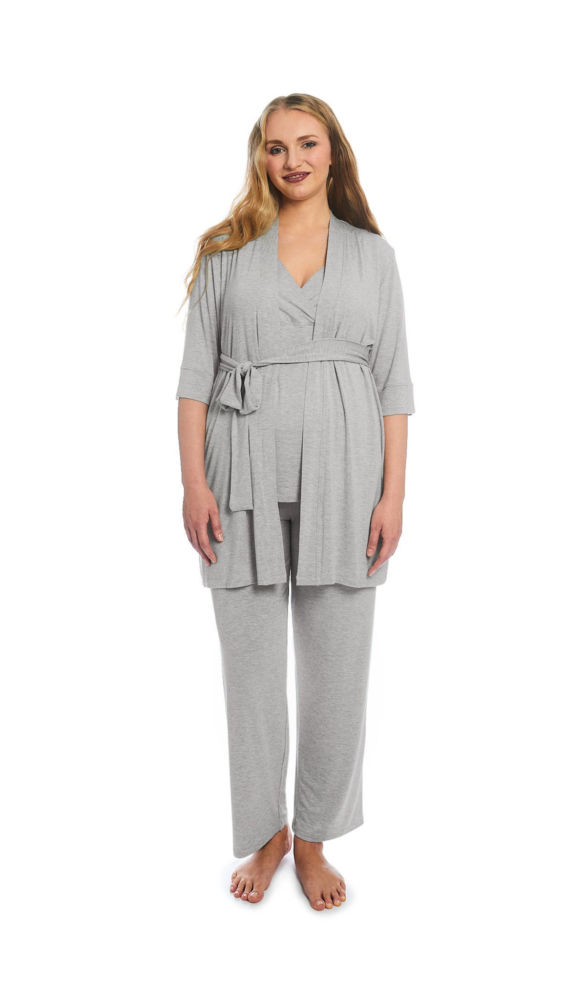Heather Grey Solid Analise 3-Piece Set. Woman wearing 3/4 sleeve robe, tank top and pant.