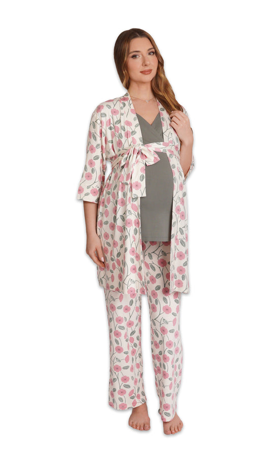 Honey Bloom Analise 3-Piece Set. Pregnant woman wearing 3/4 sleeve robe, tank top and pant with one hand touching hair.
