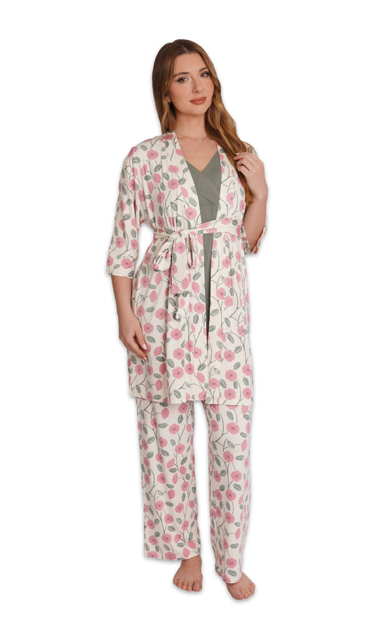 Honey Bloom Analise 3-Piece Set. Woman wearing 3/4 sleeve robe, tank top and pant with one hand touching hair.