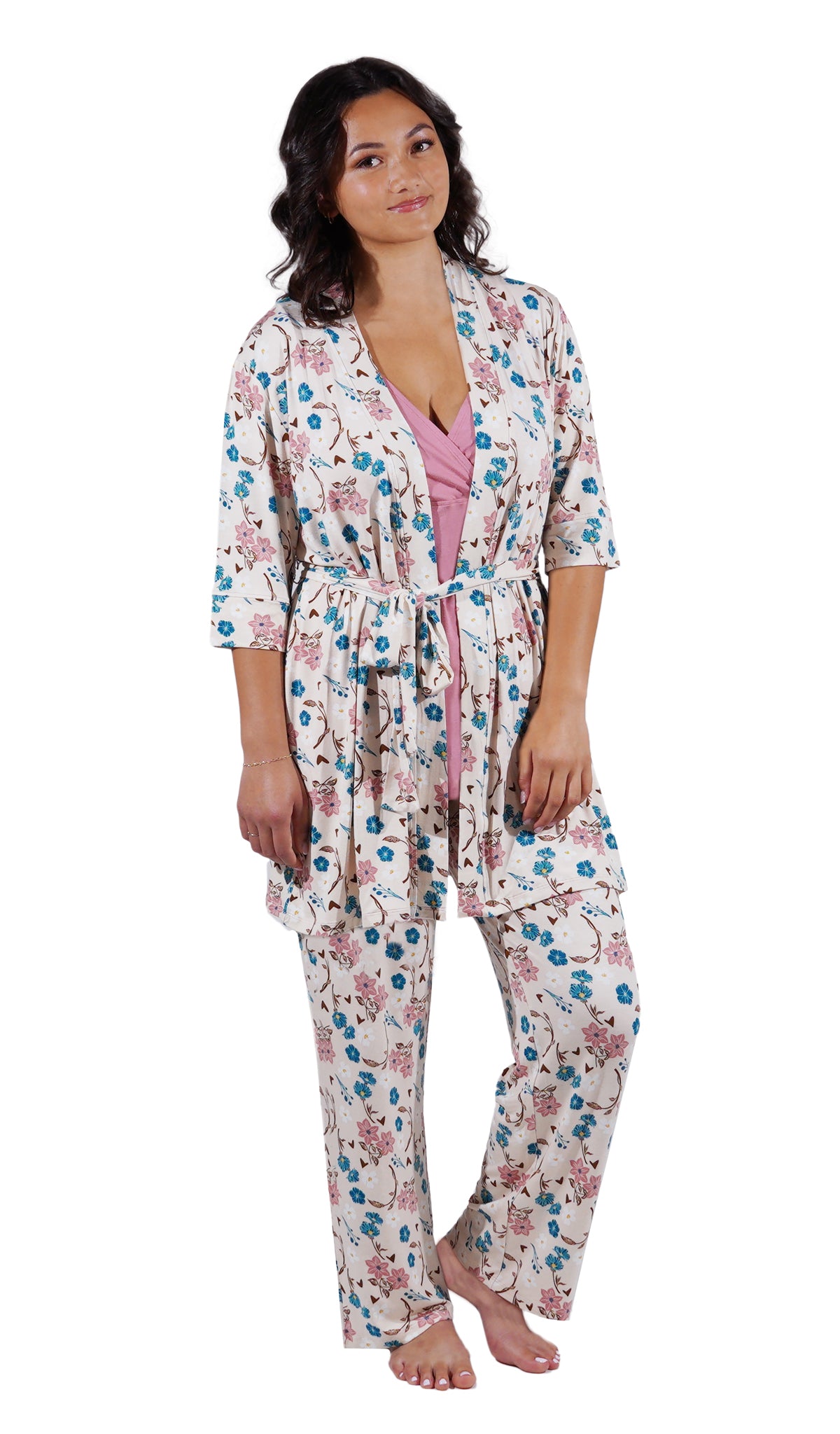 Magnolia Analise 3-Piece Set. Woman wearing 3/4 sleeve robe, tank top and pant with arms down to side.