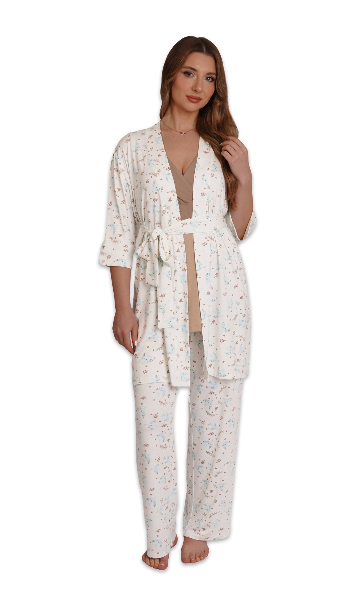 Nest Analise 3-Piece Set. Woman wearing 3/4 sleeve robe, tank top and pant as non-maternity with one hand touching hair.