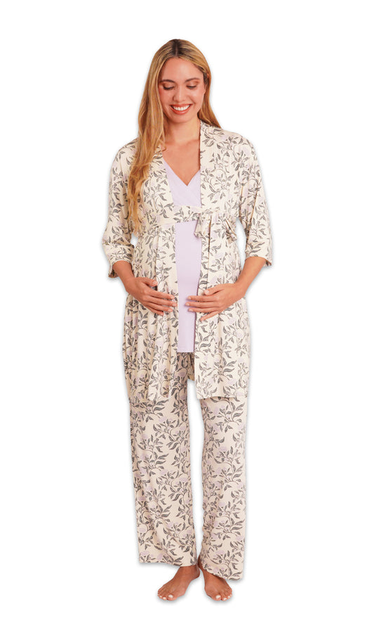 Poppy Analise 3-Piece Set. Pregnant woman wearing 3/4 sleeve robe, tank top and pant with hands under belly.