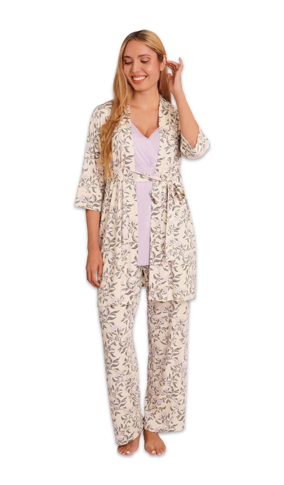 Poppy Analise 3-Piece Set. Woman wearing 3/4 sleeve robe, tank top and pant with one hand tucking hair behind ear.