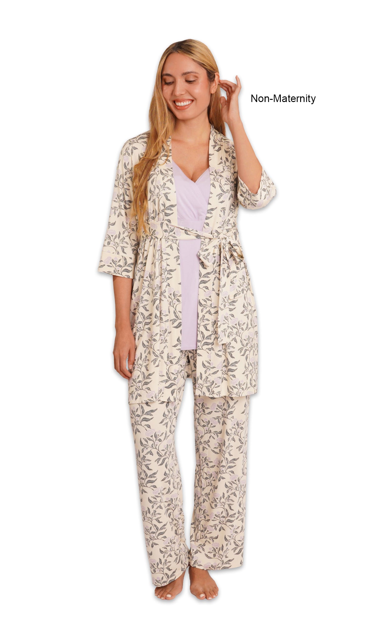 Poppy Analise 3-Piece Set. Woman wearing 3/4 sleeve robe, tank top and pant as non-maternity with one hand tucking hair behind ear.