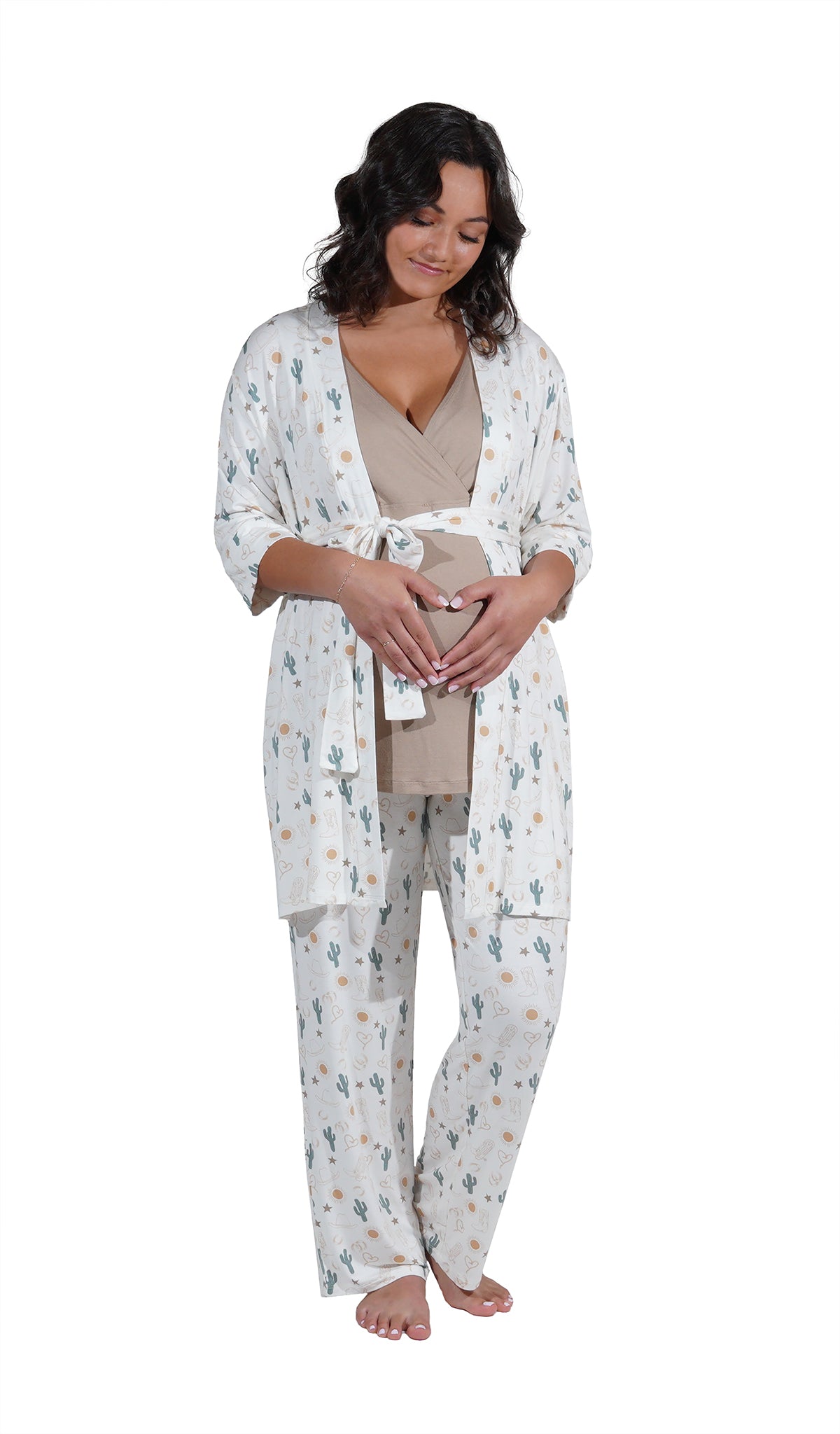 Rodeo Analise 3-Piece Set. Pregnant woman looking at belly wearing 3/4 sleeve robe, tank top and pant with both hands on belly.