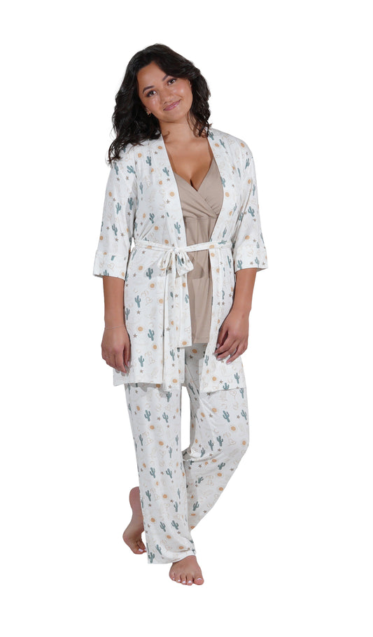 Rodeo Analise 3-Piece Set. Woman wearing 3/4 sleeve robe, tank top and pant with both arms down to sides.