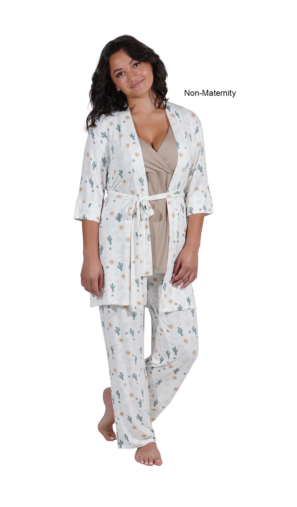 Rodeo Analise 3-Piece Set. Woman wearing 3/4 sleeve robe, tank top and pant as non-maternity with both arms down to sides.