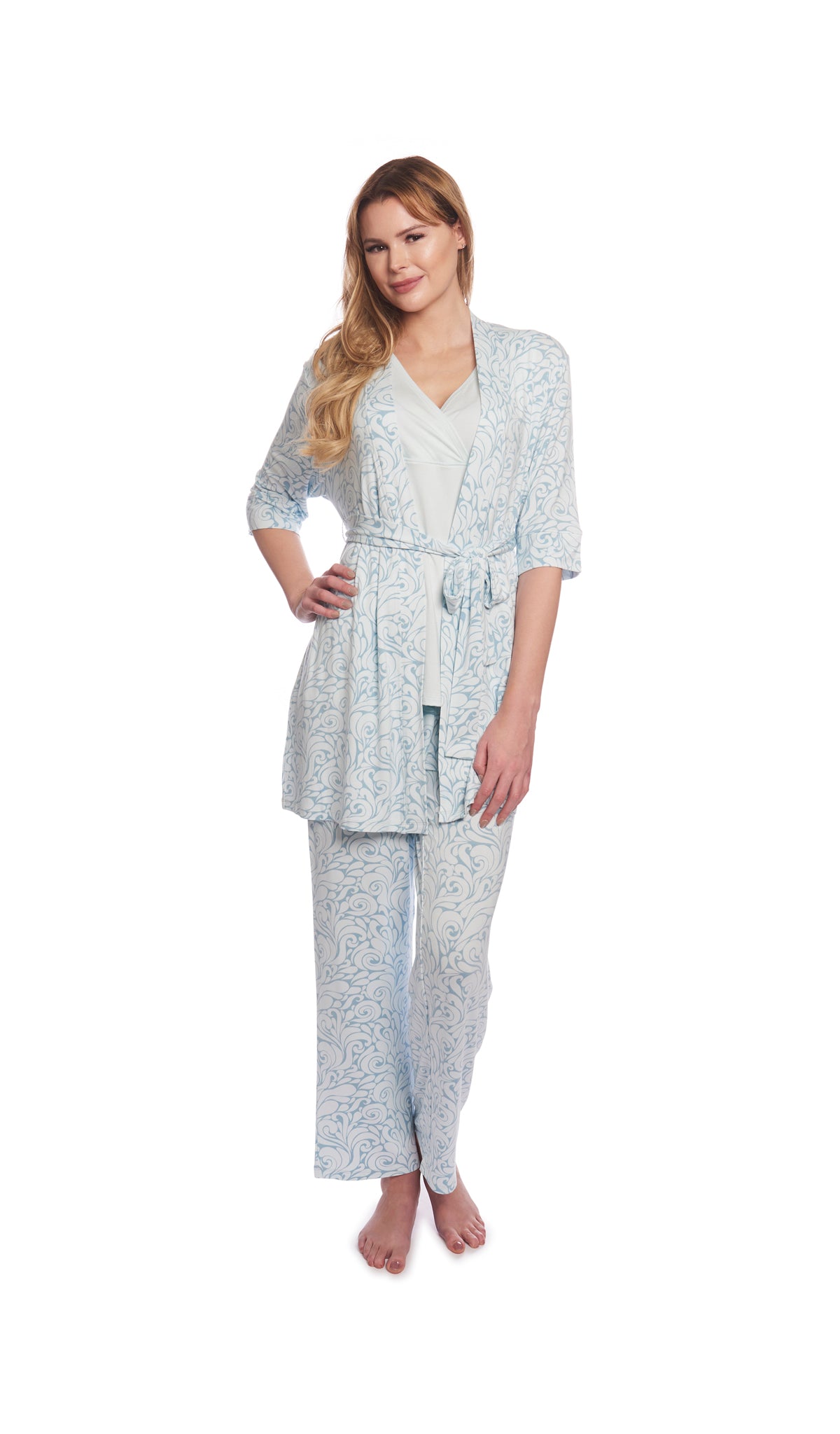 Waves Analise 3-Piece Set. Woman wearing 3/4 sleeve robe, tank top and pant with one hand on hip.