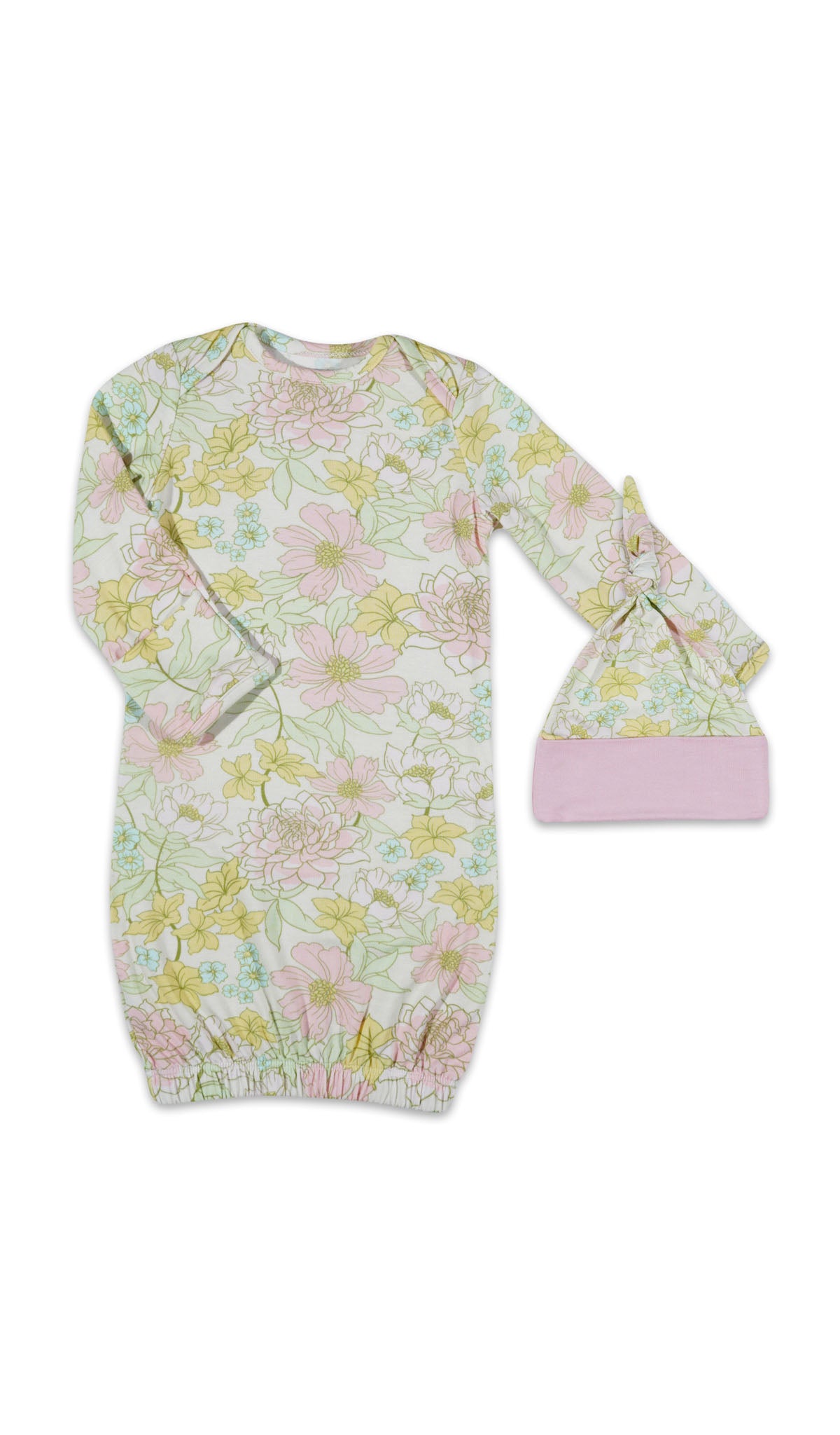 Begonia Analise 5-Piece Set, gown and knotted hat for baby.