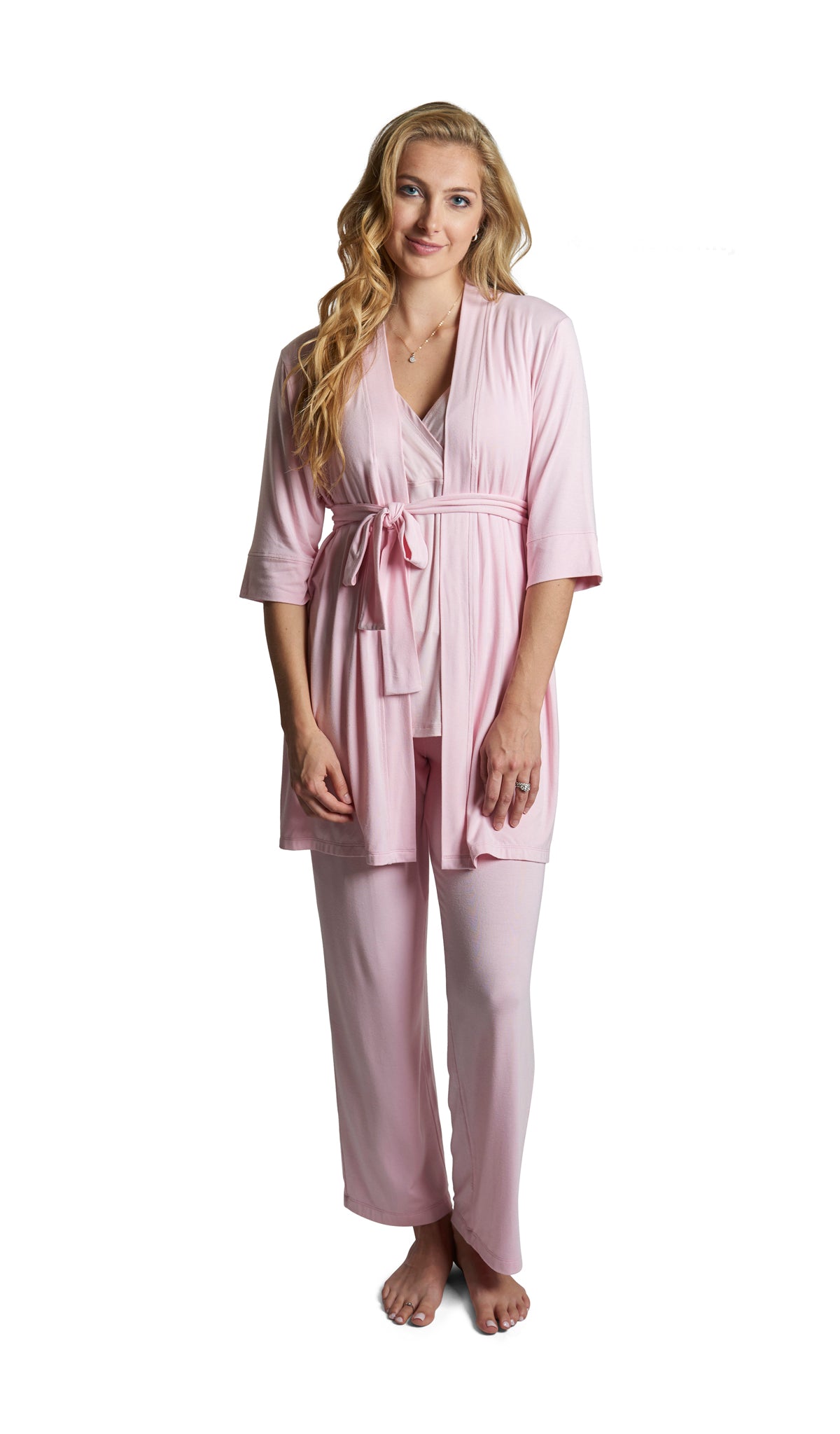 Blush Analise 3-Piece Set. Woman wearing 3/4 sleeve robe, tank top and pant.