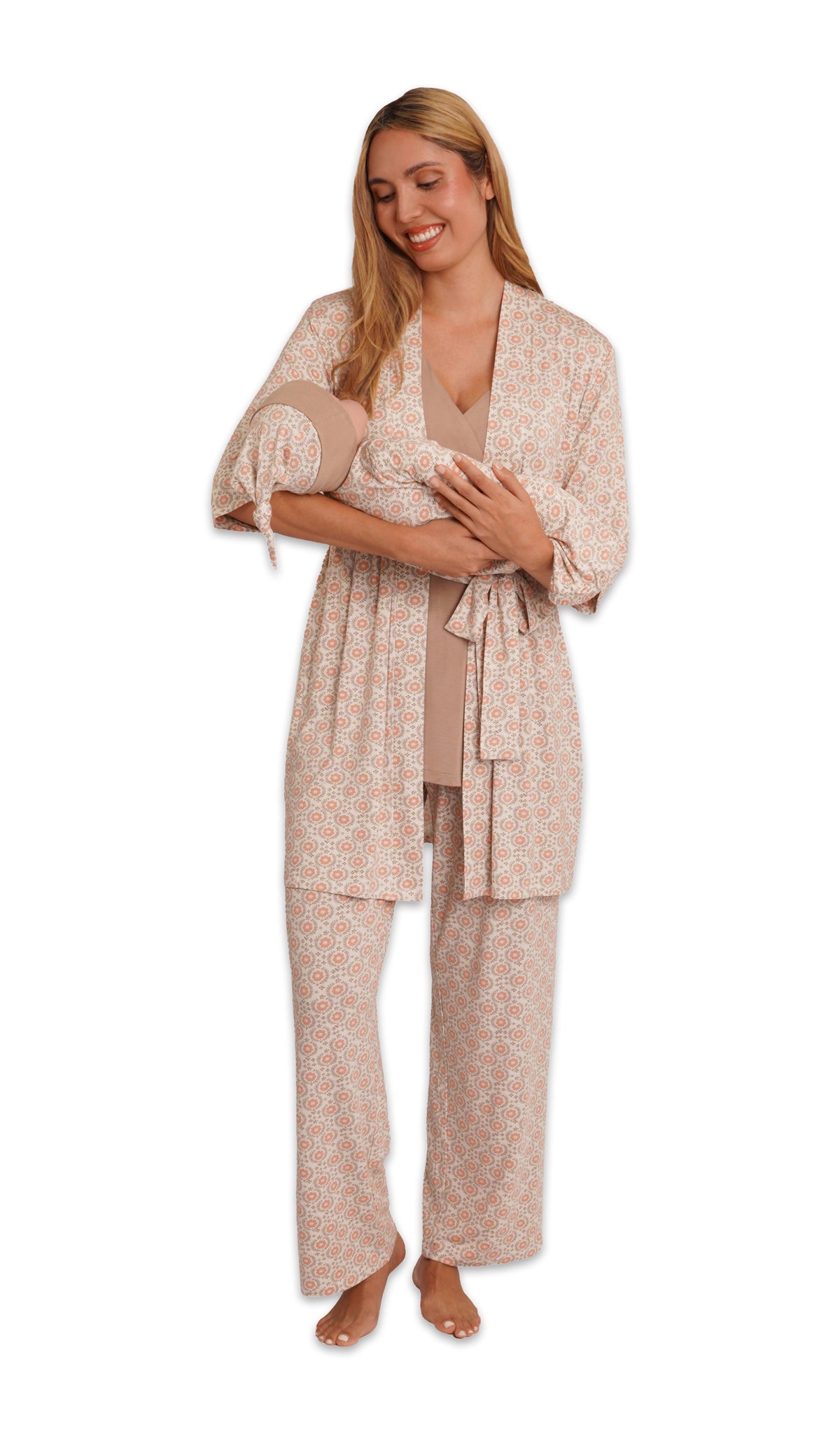 Bohemian Analise 5-Piece Set. Woman wearing 3/4 sleeve robe, tank top and pant while holding a baby wearing baby gown and knotted baby hat.