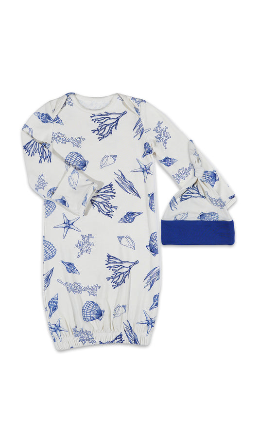 Coastal Gown 2-Piece with long sleeve baby gown and matching knotted hat.