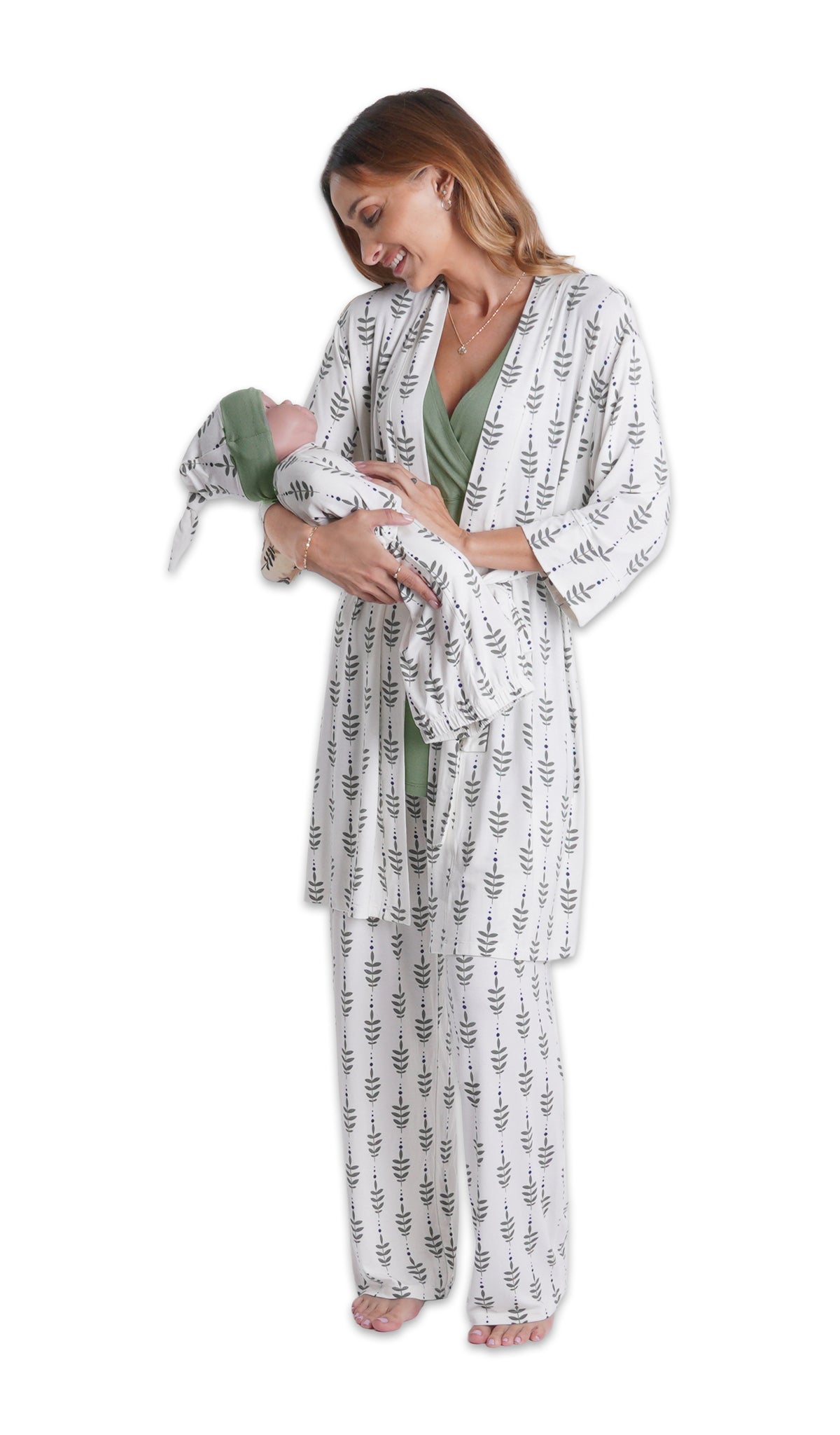 Eucalyptus Analise 5-Piece Set. Woman wearing 3/4 sleeve robe, tank top and pant while holding a baby wearing baby gown and knotted baby hat.
