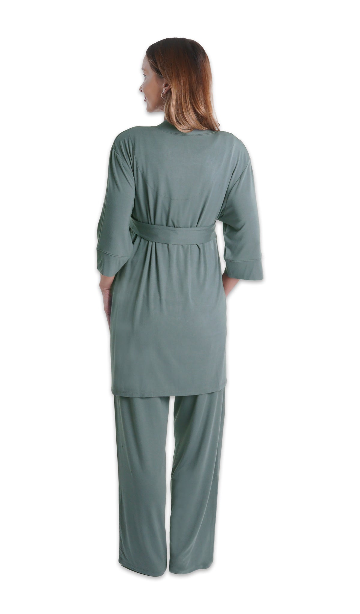 Fog Analise 3-Piece Set, back shot of woman wearing robe and pant.