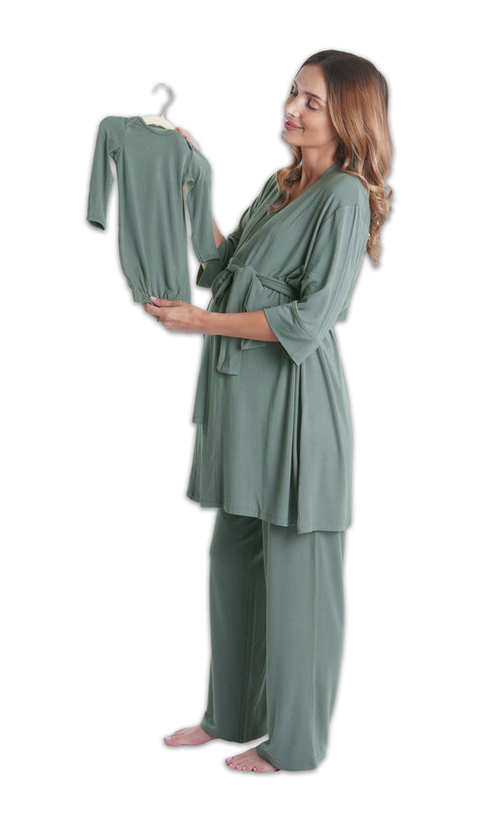 Fog Analise 5-Piece Set. Pregnant woman wearing 3/4 sleeve robe, tank top and pant while holding a baby gown on hanger.