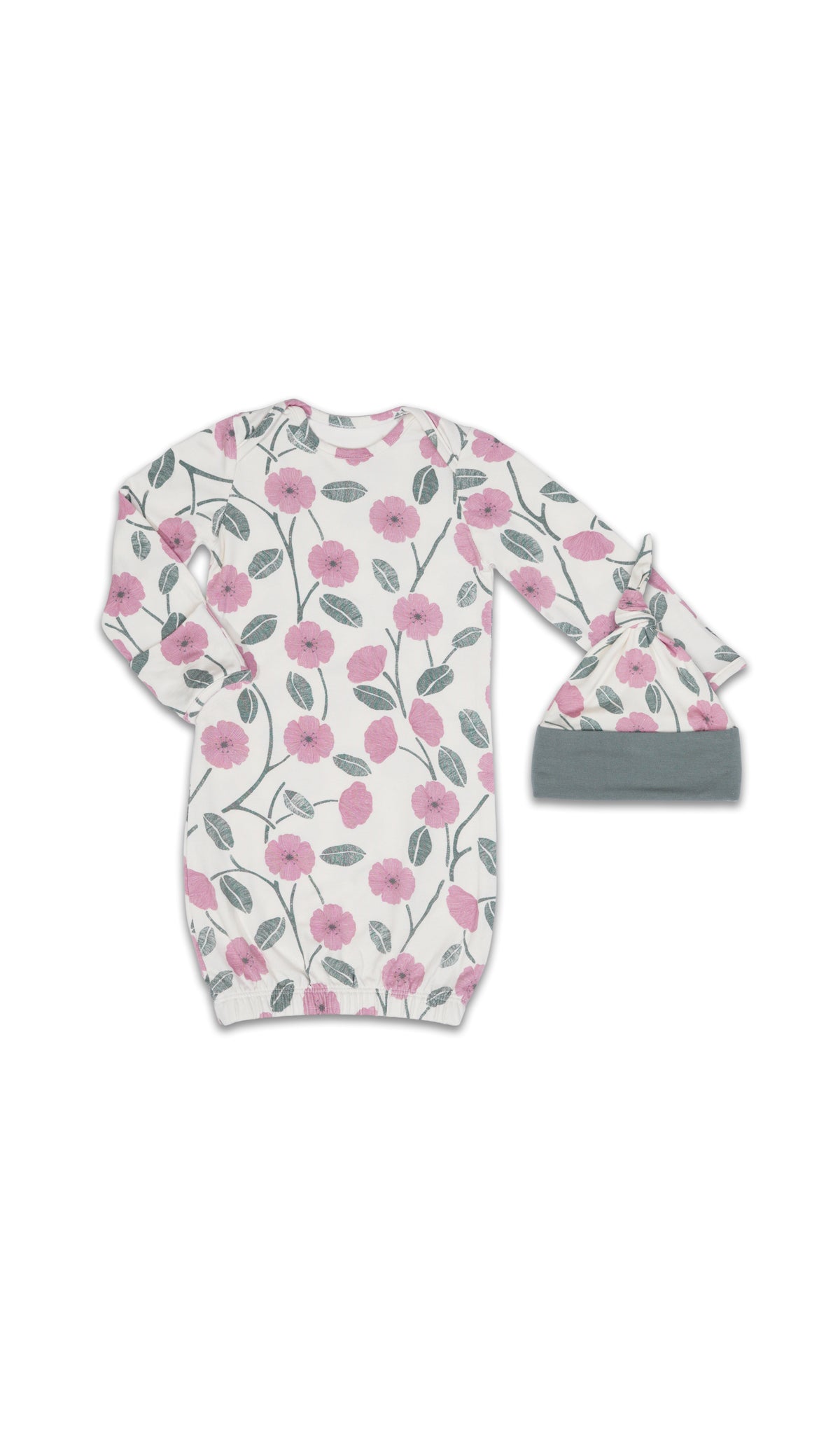 Honey Bloom Analise 5-Piece Set, gown and knotted hat for baby.