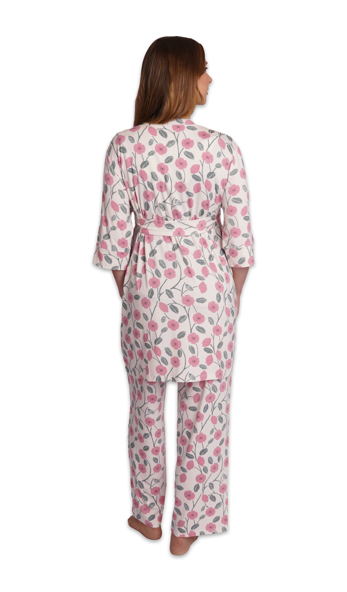 Honey Bloom Analise 5-Piece Set, back shot of woman wearing robe and pant.