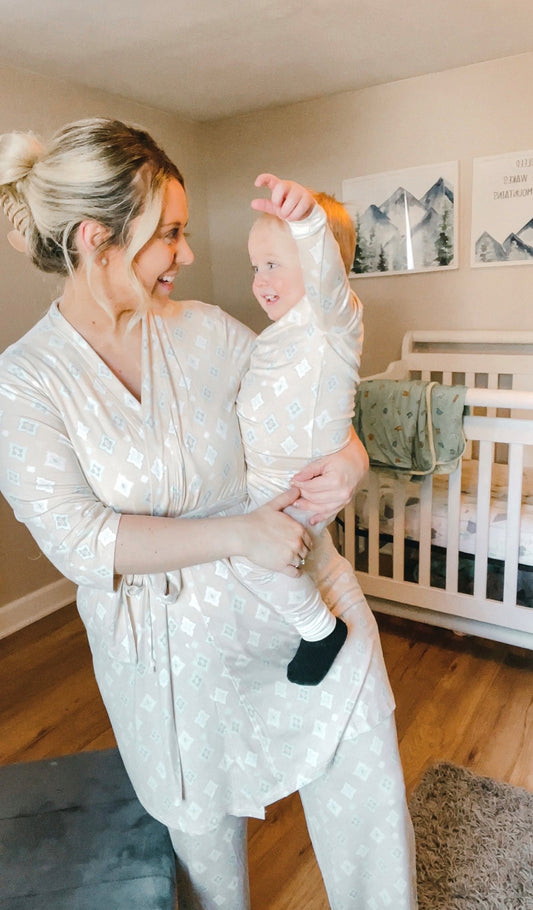Mosaic Analise 3-Piece Set worn by mom holding her baby boy in matching PJs.