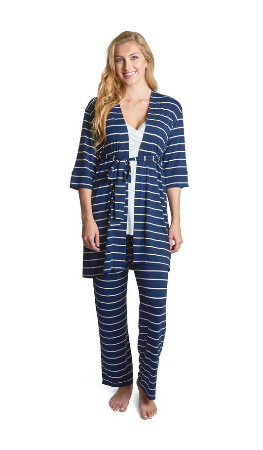 Navy Analise 3-Piece Set. Woman wearing 3/4 sleeve robe, tank top and pant.