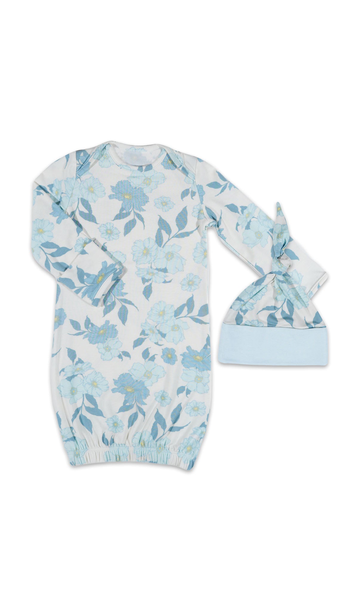 Shades of blue florals printed on a baby gown and matching knotted hat.