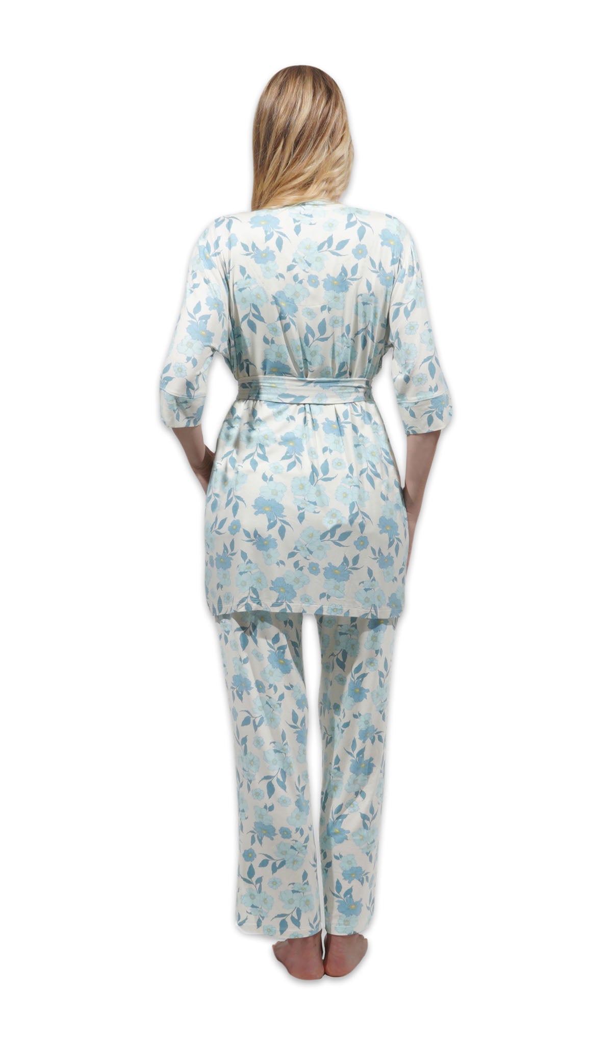 Periwinkle Analise 5-Piece Set, back shot of woman wearing robe and pant.