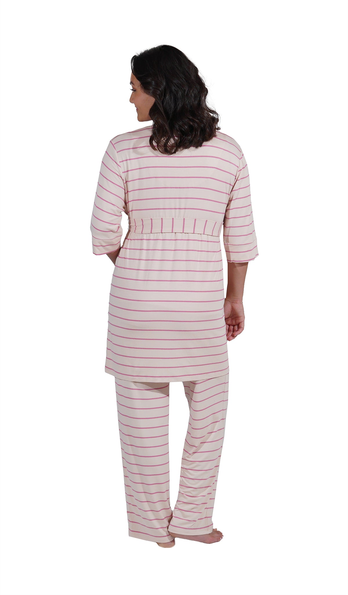 Pink Stripe Analise 5-Piece Set, back shot of woman wearing robe and pant.