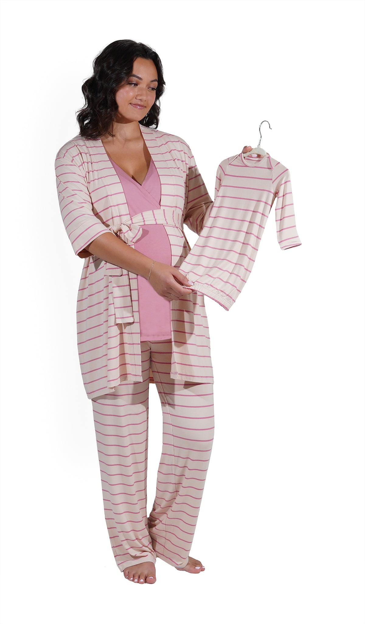 Pink Stripe Analise 5-Piece Set. Pregnant woman wearing 3/4 sleeve robe, tank top and pant while holding a baby gown on hanger.